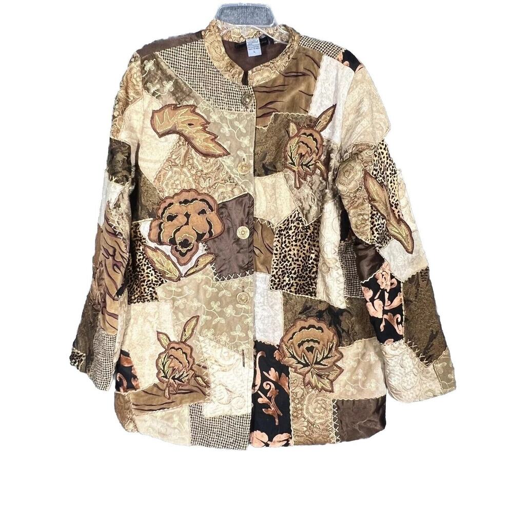 Indigo Moon Jacket Womans Large Tan Floral Animal Embroidered Patch Boho Blazer